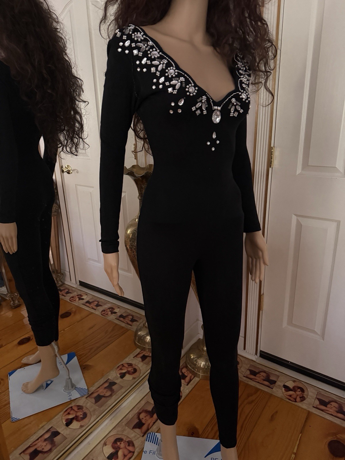Black Rhinestone Vintage Cat Suit/unitard