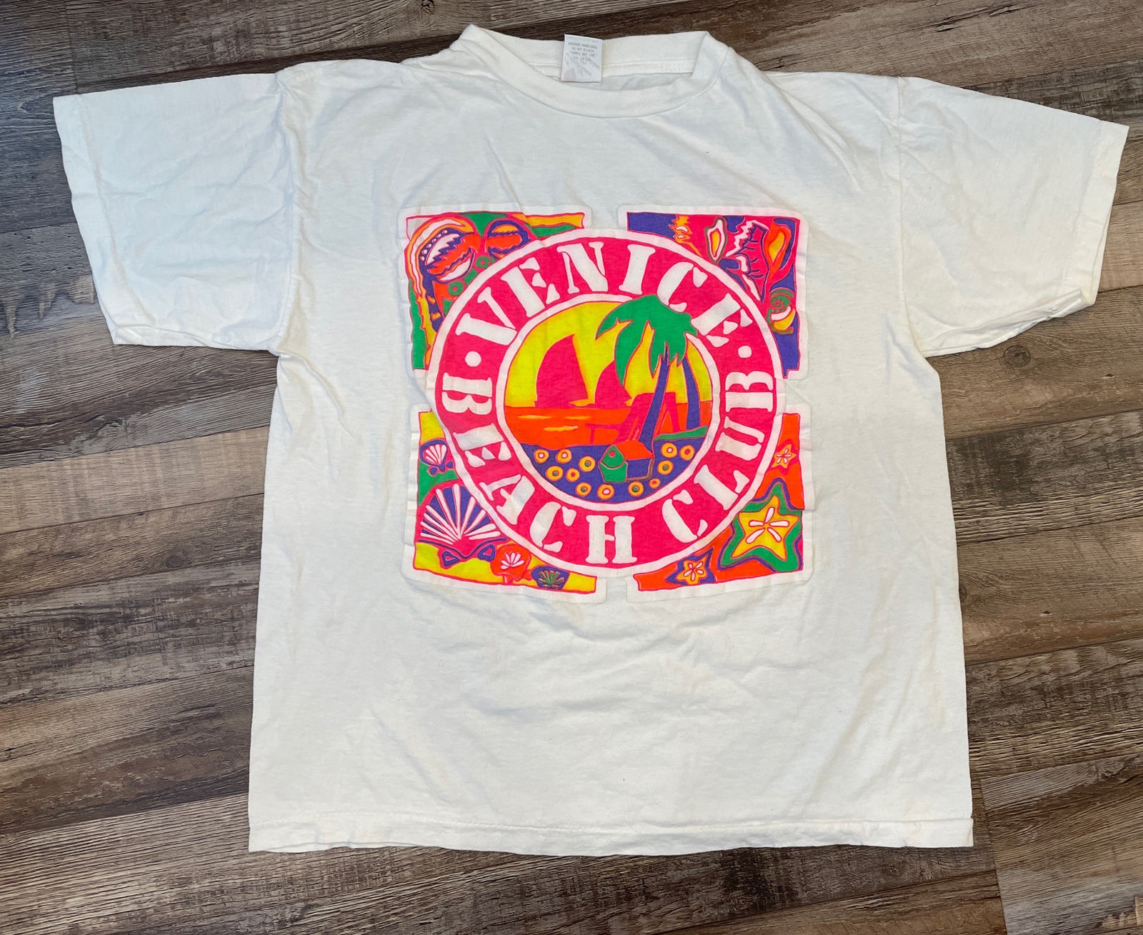 Vintage Venice Beach California Tshirt Neon Bright Single Needle Stitch White L