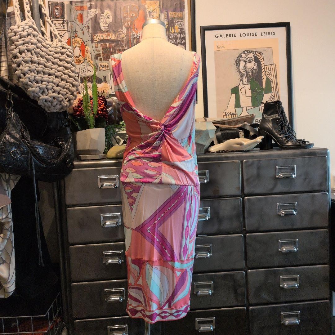 EMILIO PUCCI Vintage Logo Dress One-Piece Sleeveless #34 Pink Multicolor Silk