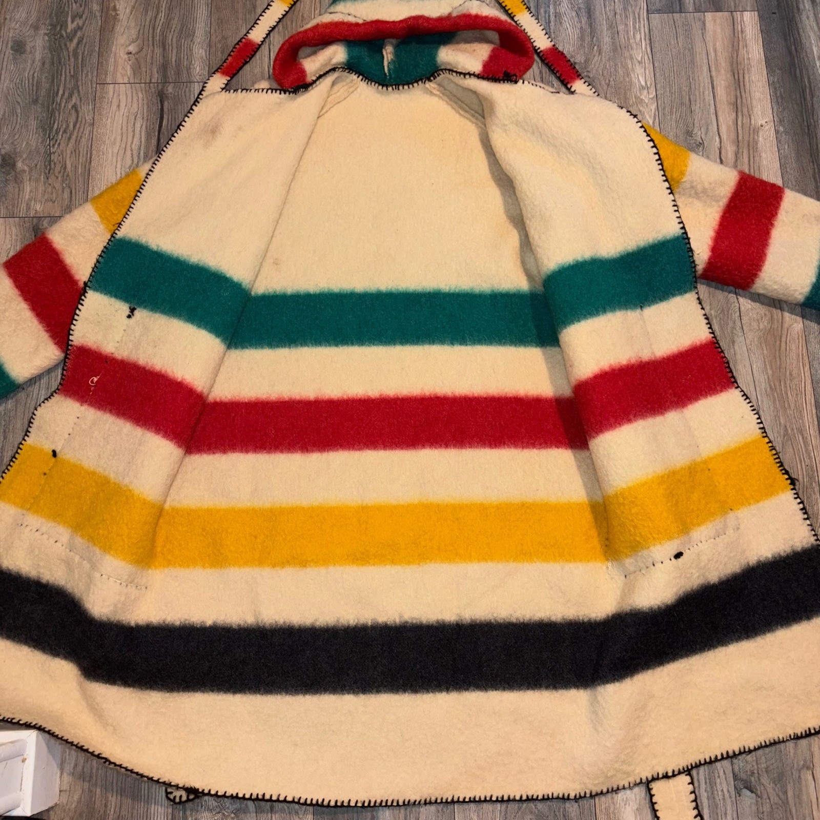 Vintage Handmade Hudson Bay Style Wool Blanket Coat Multi Stripe Hooded Belted