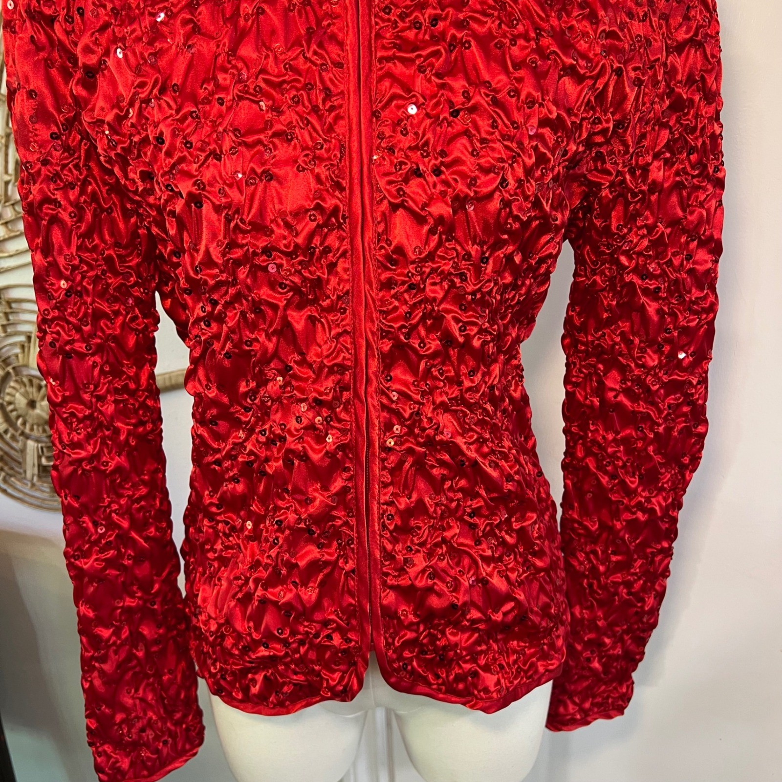 Vintage J.B.S. Ltd Red Ruched Beaded Sequin Zip Up Jacket Party Glam Y2K Small