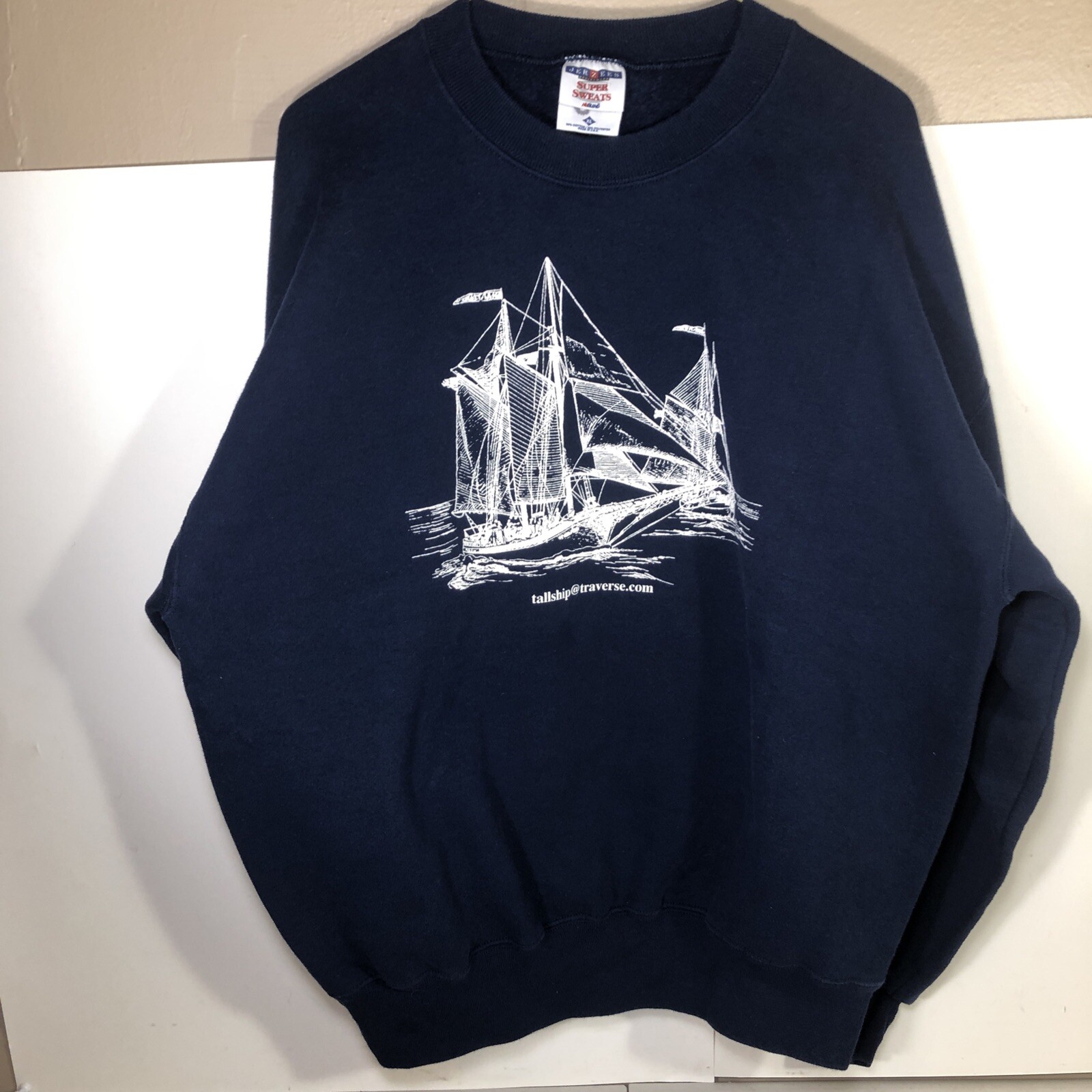 Vtg 1990s JERZEES Sweatshirt Super Sweats 90s Tall Ship Traverse City Blue XL
