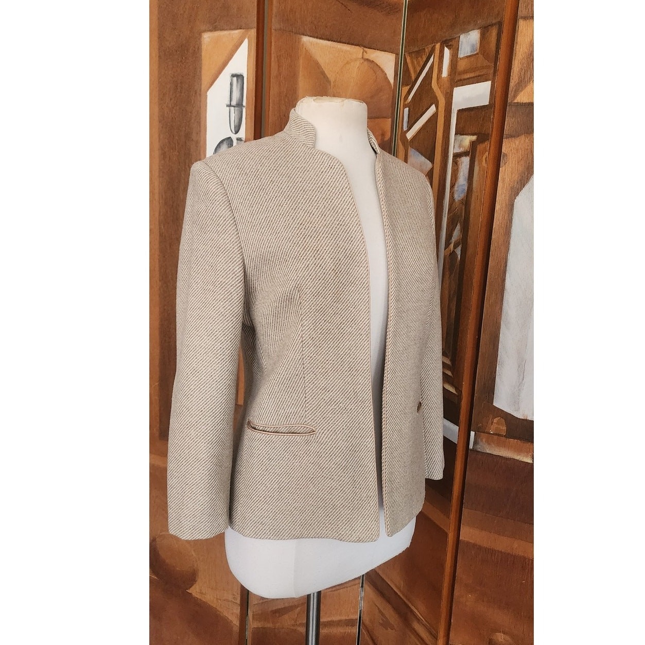 Vintage 70s Bally Blazer Beige Wool Band Collar Jacket Medium