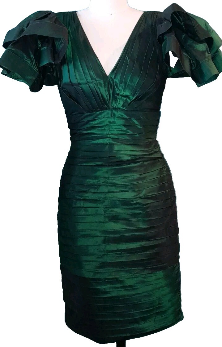 Vtg 80s Emerald Green TADASHI Pleated RUFFLE Wiggle Tafffeta Party Prom Dress S