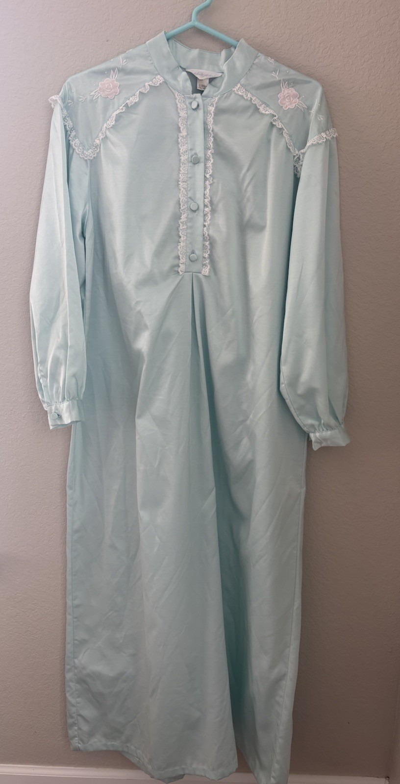 Jodie Arden Satin Nightgown Long Blue Embroidered Lace House Dress Sz M