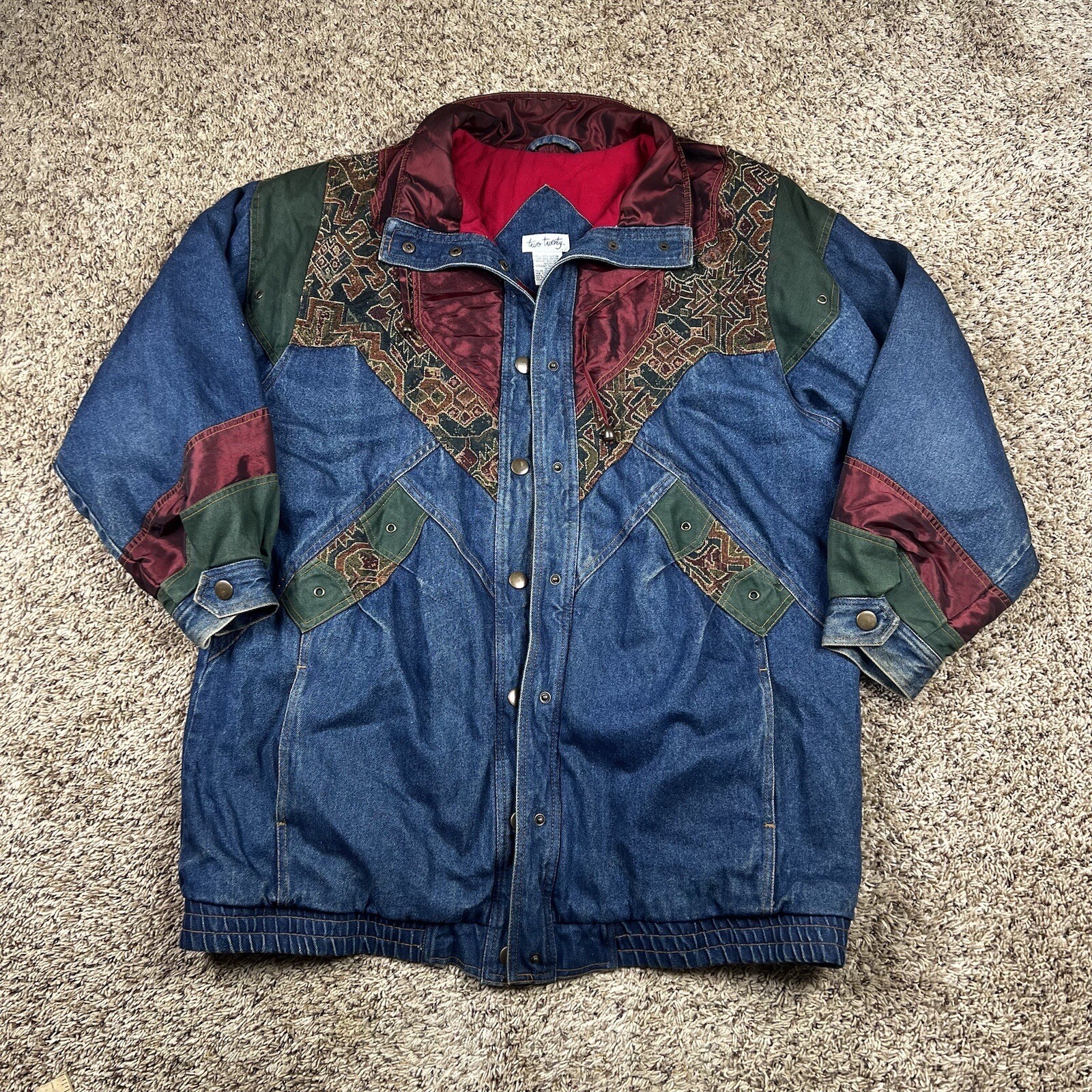 Vintage 90s Two Twenty Women’s Blue Denim Patchwork Winter Lined Jacket XL Long