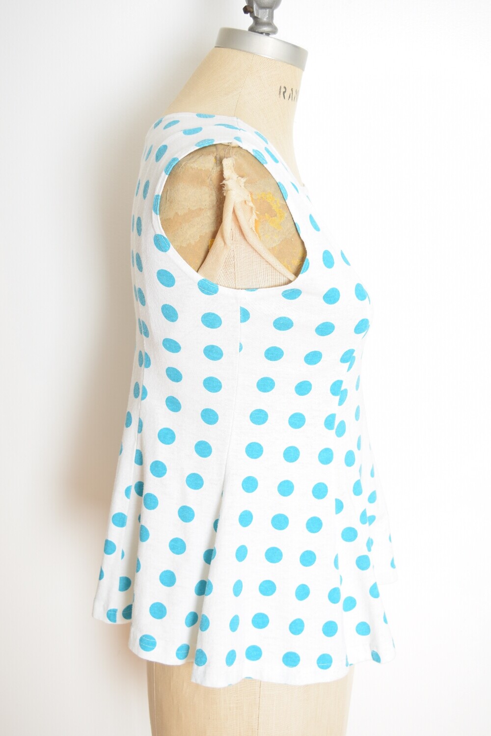 vintage 80s top white teal polka dot print tank top shirt blouse XS S clothing
