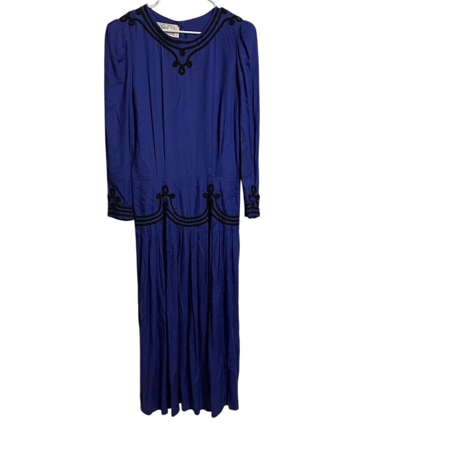 Vtg Sarah Elizabeth Sapphire Blue Long Dress Black Cord Detail Button Back Sz 12
