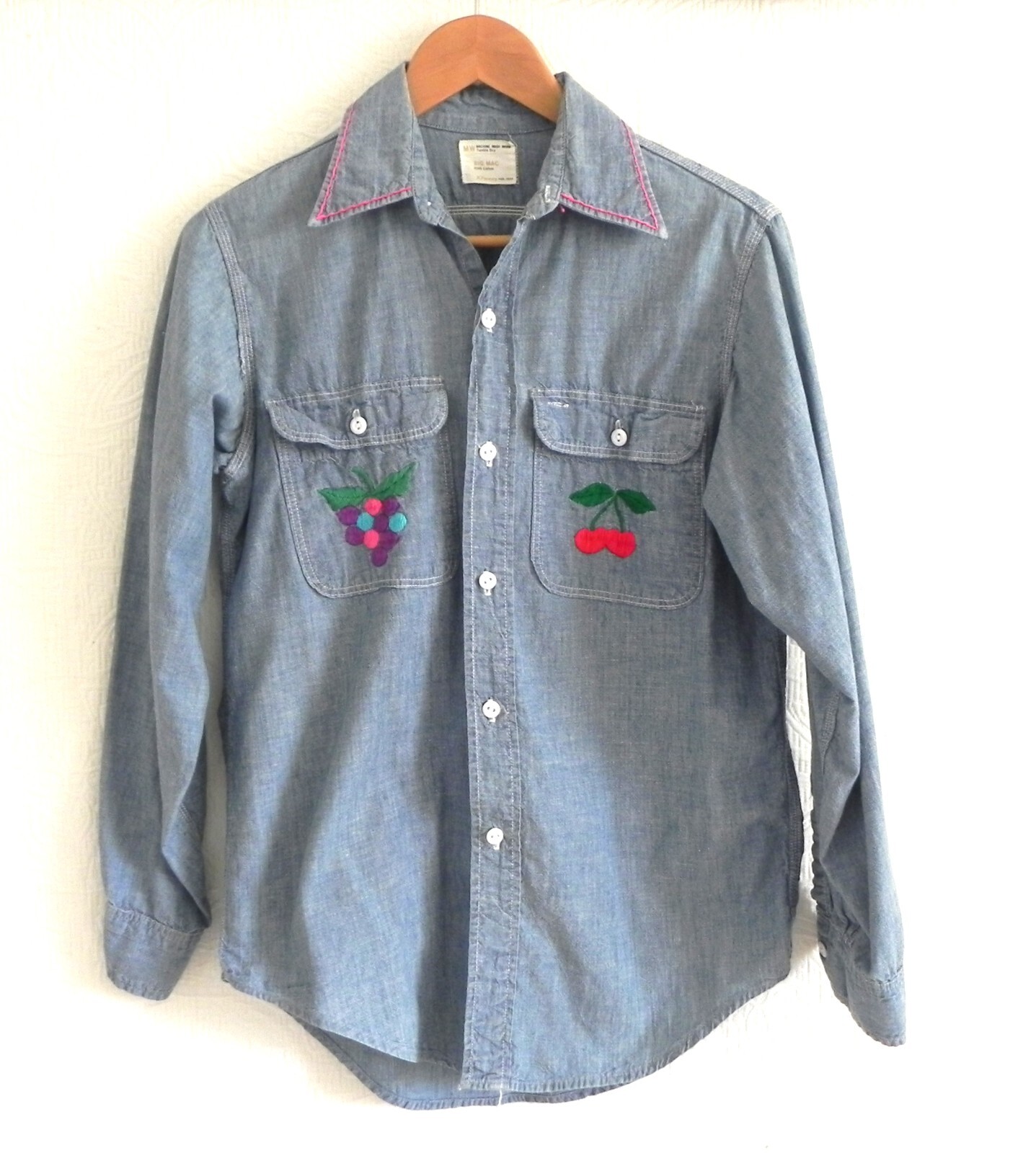 Vtg JC Penny Big Mac Button Up Shirt Long Sleeve 100% Cotton Embroidery Size L