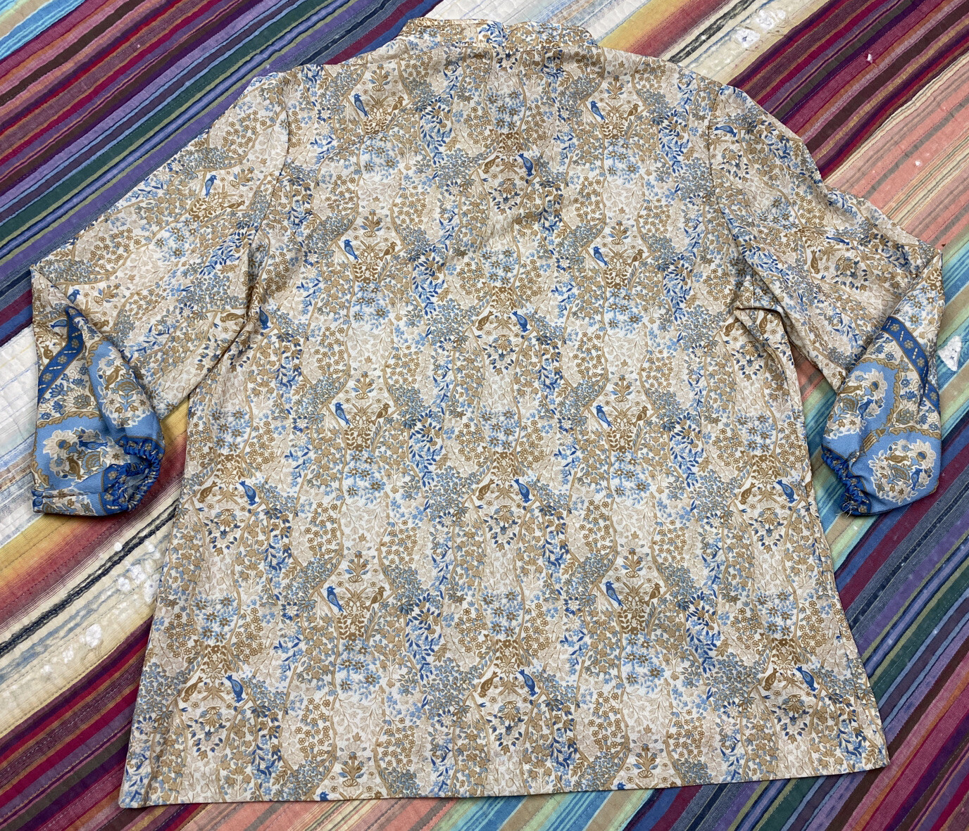 Vtg 70s Retro Disco Era Blouse Vines Birds Tan Blue Womens Size 38 Tie At Neck