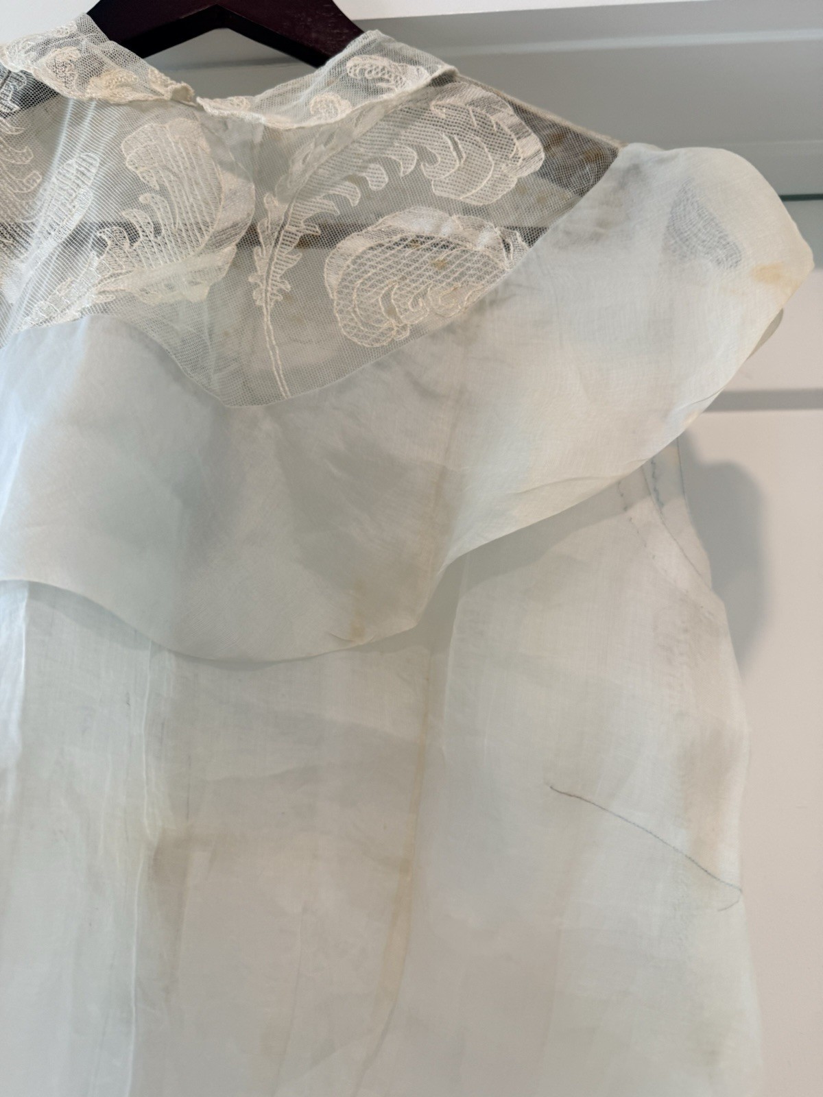 Vintage 1930s Sheer Blue Organdy Blouse Embroidered Lace Ruffle Collar Art Deco