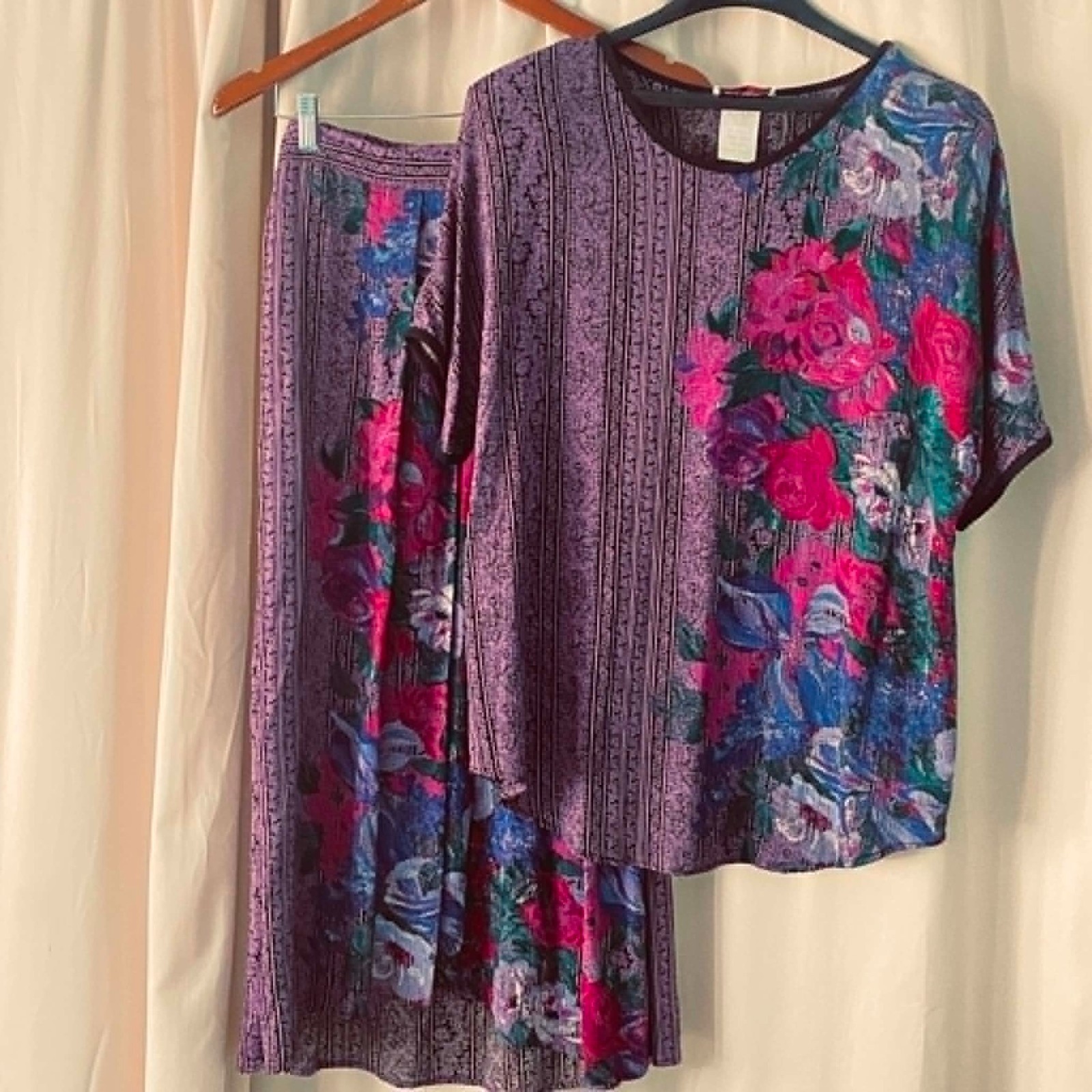 Pierre Lamonte 2 Piece Skirt Set Women’s 12 Purple Floral Rayon Vintage USA