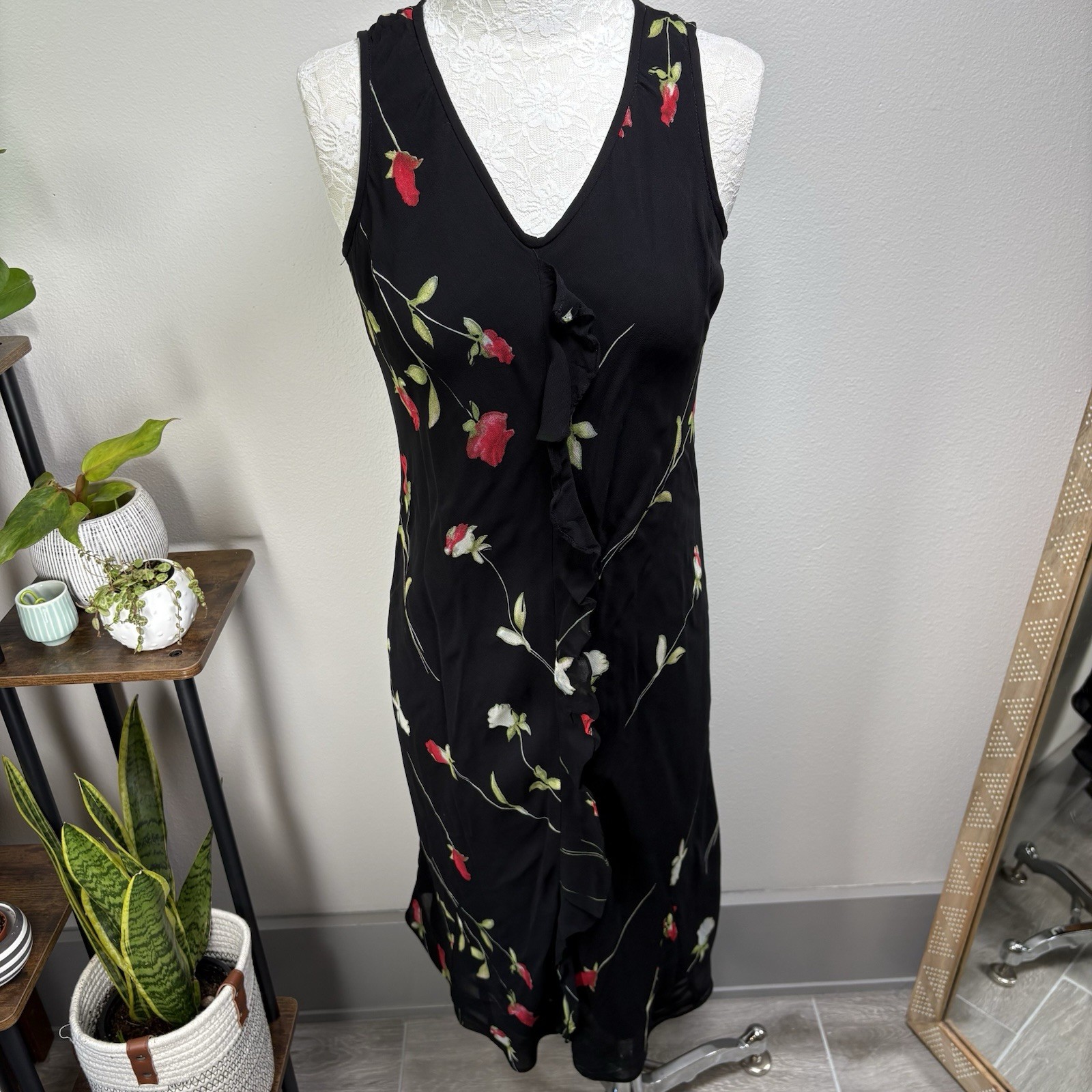Evan Picone Repaired Y2k Dress Midi Chiffon Ruffle Floral Black Floral Size 6