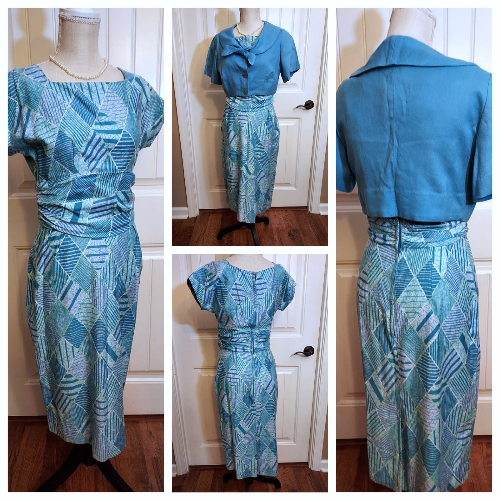 Vintage Colonial Miss Teal Geometric Dress and Jacket Set MCM 1950s 60s Size 12