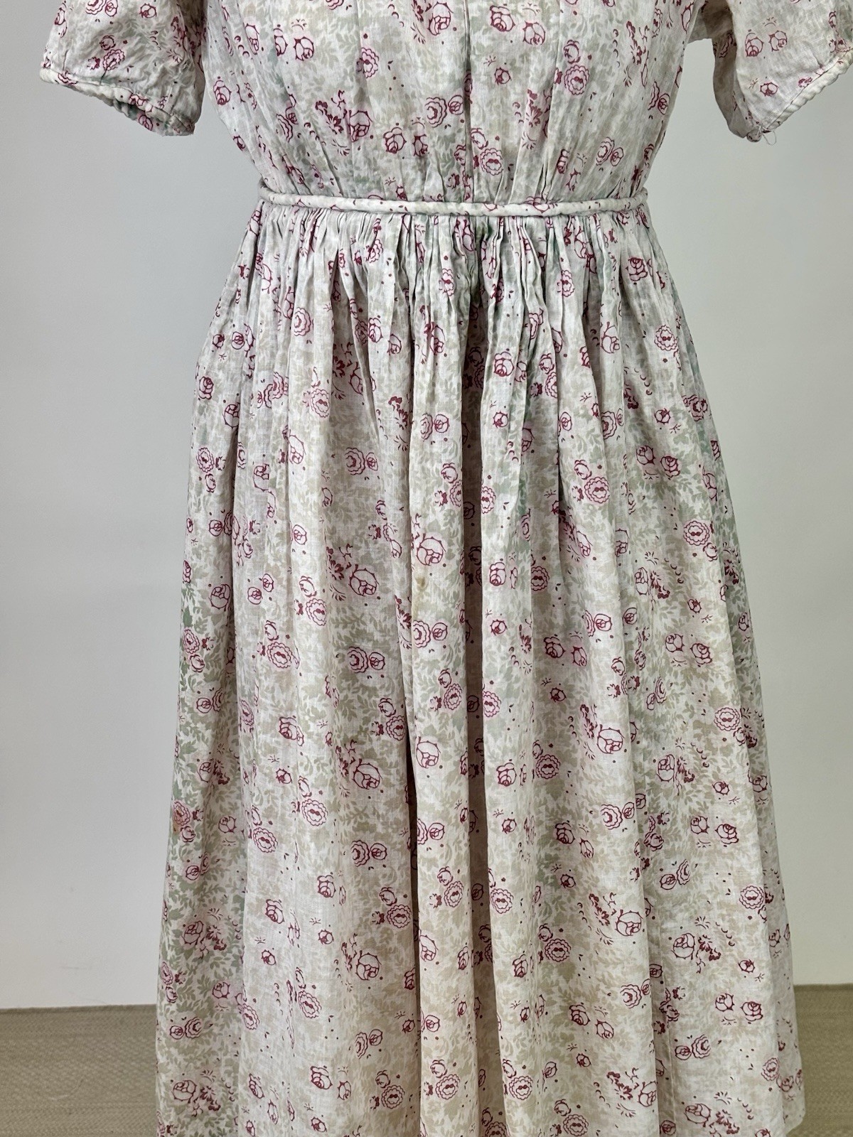 Vintage 1910s Childs Dress Short Sleeves Floral Print Pink Beige Soft Green