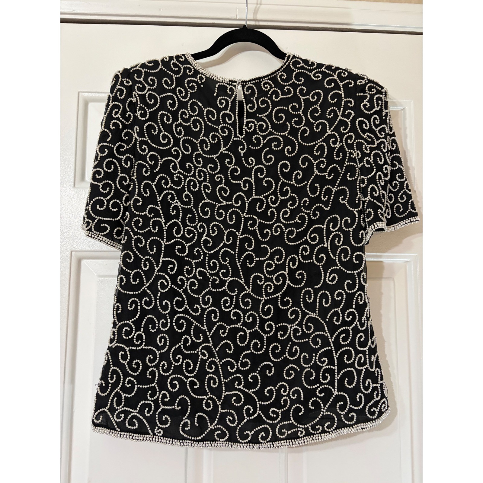 Vintage Beaded Silk Blouse | XL| Black Laurence Kazar New York
