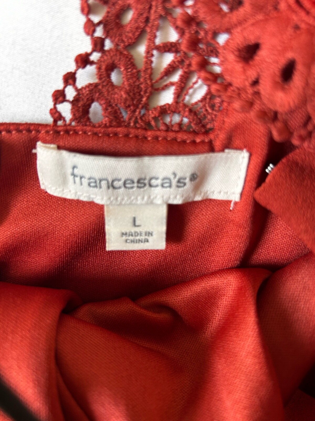 Vintage Francesca’s Dress Sz L copper Rust with lace & crocheted Y2K 90’s Flare