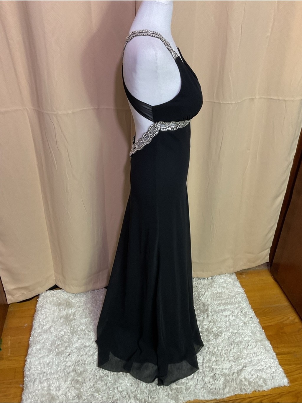 Faviana Couture Vintage Black Maxi Evening Gown with Silver Beaded Trim