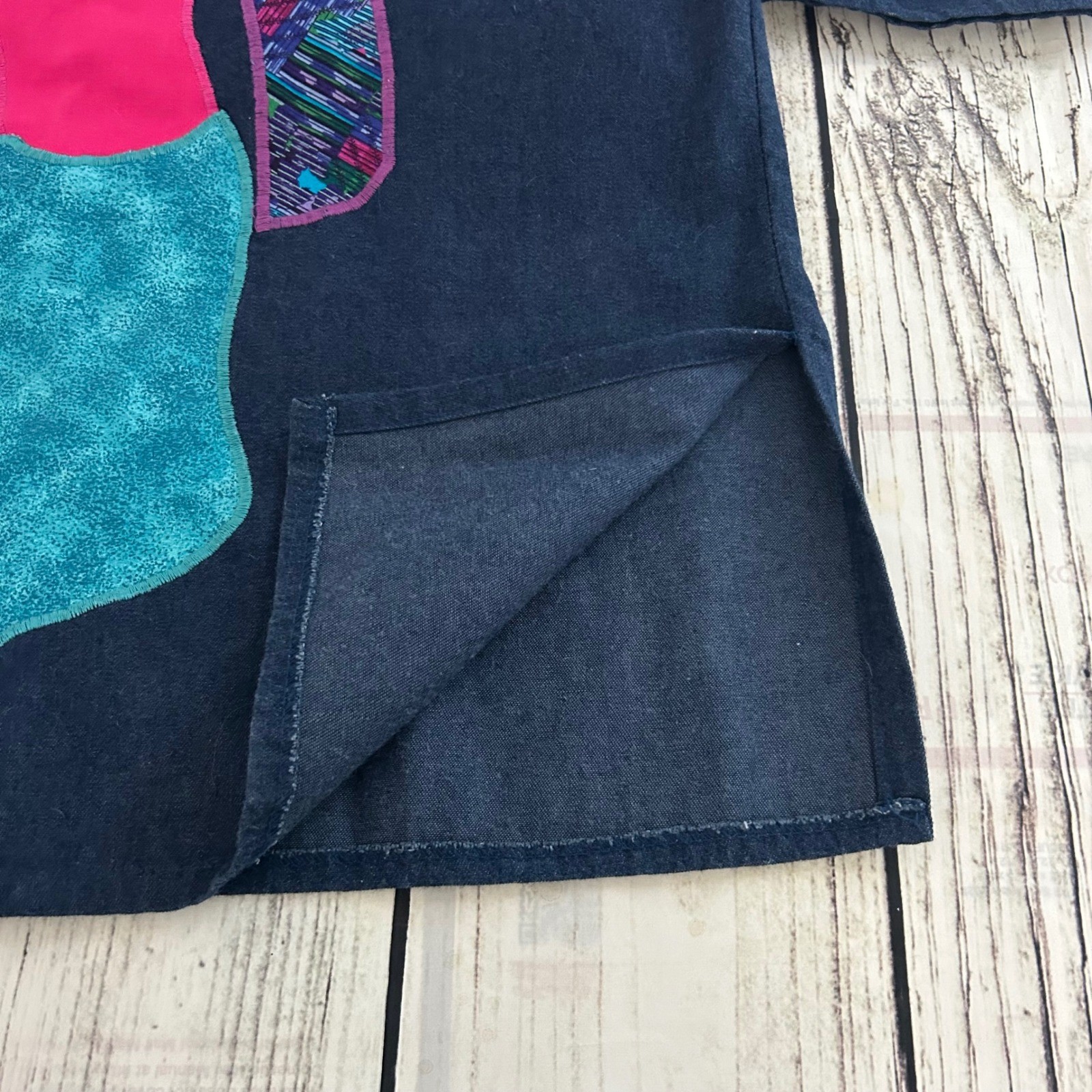VTG Alfredo’s Wife Indigo Denim Applique Sun Deity Kachina Dress Pockets Blue