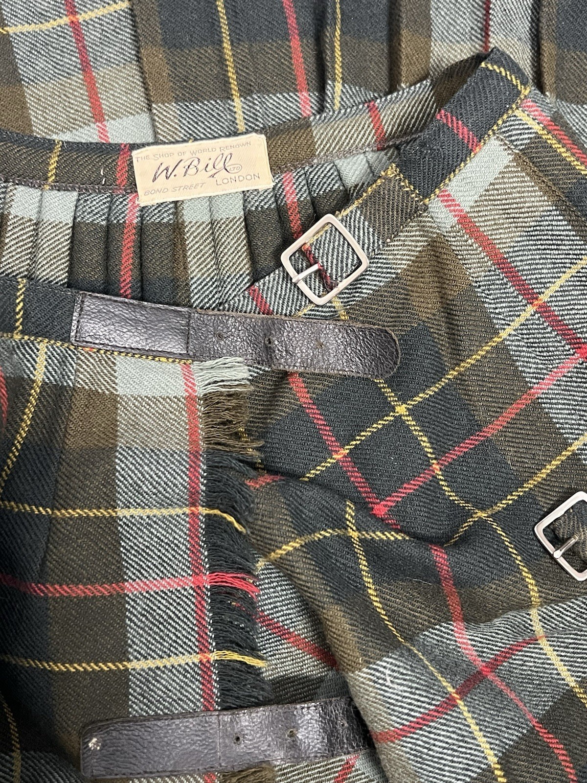 Vintage 1960s W. Bill Ltd Green Wool Tartan Wrap Skirt Pleated Buckle Straps UK