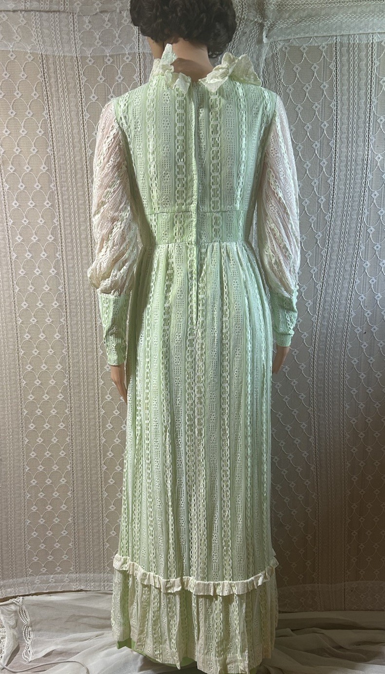 Vintage 1970s Prairie Dress Victorian Lace Folklore Cottagecore Lime Maxi S 27W