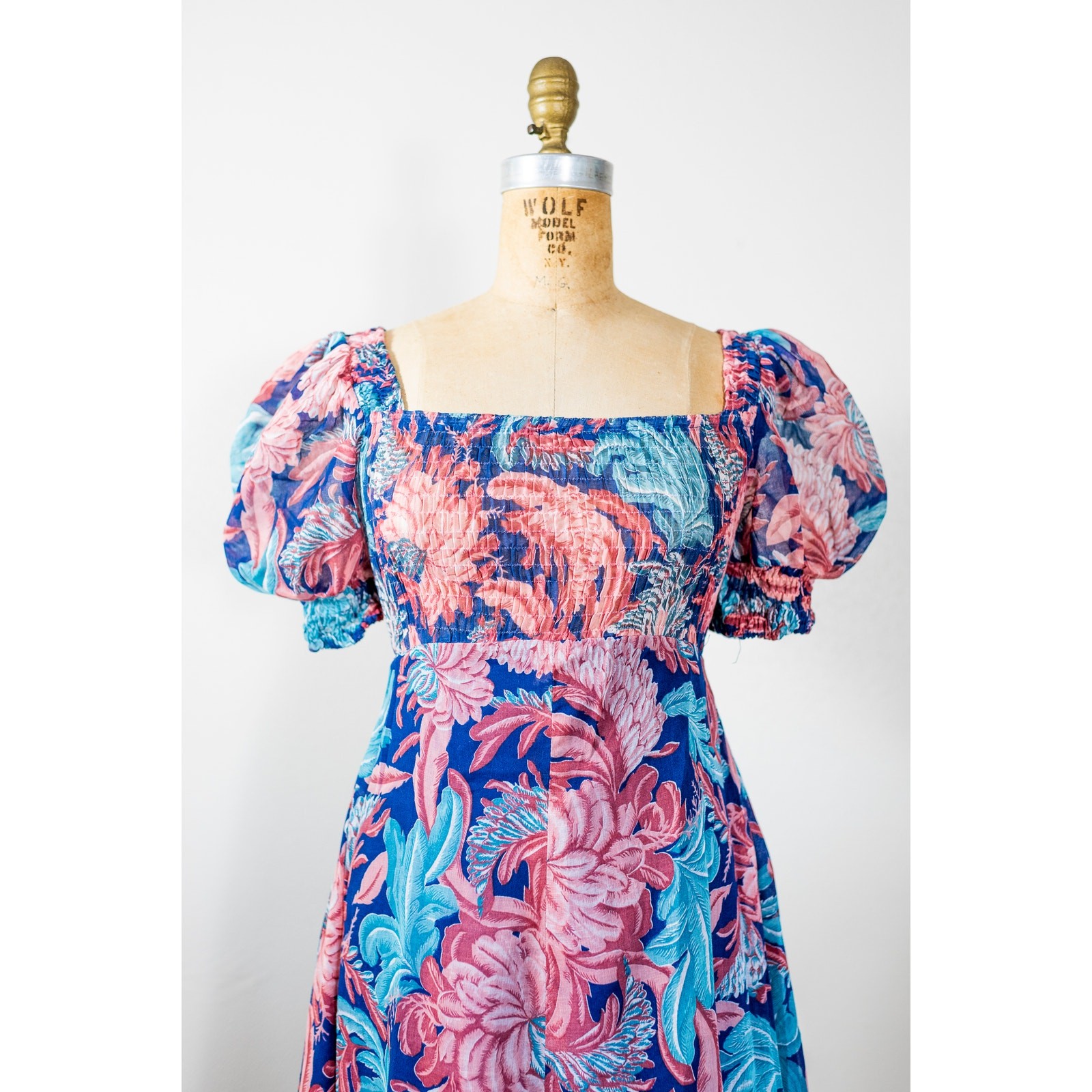 Vintage 70s Puff Sleeve Floral Maxi Dress Pink Blush Blue, Sheer Muslin Gauze XS