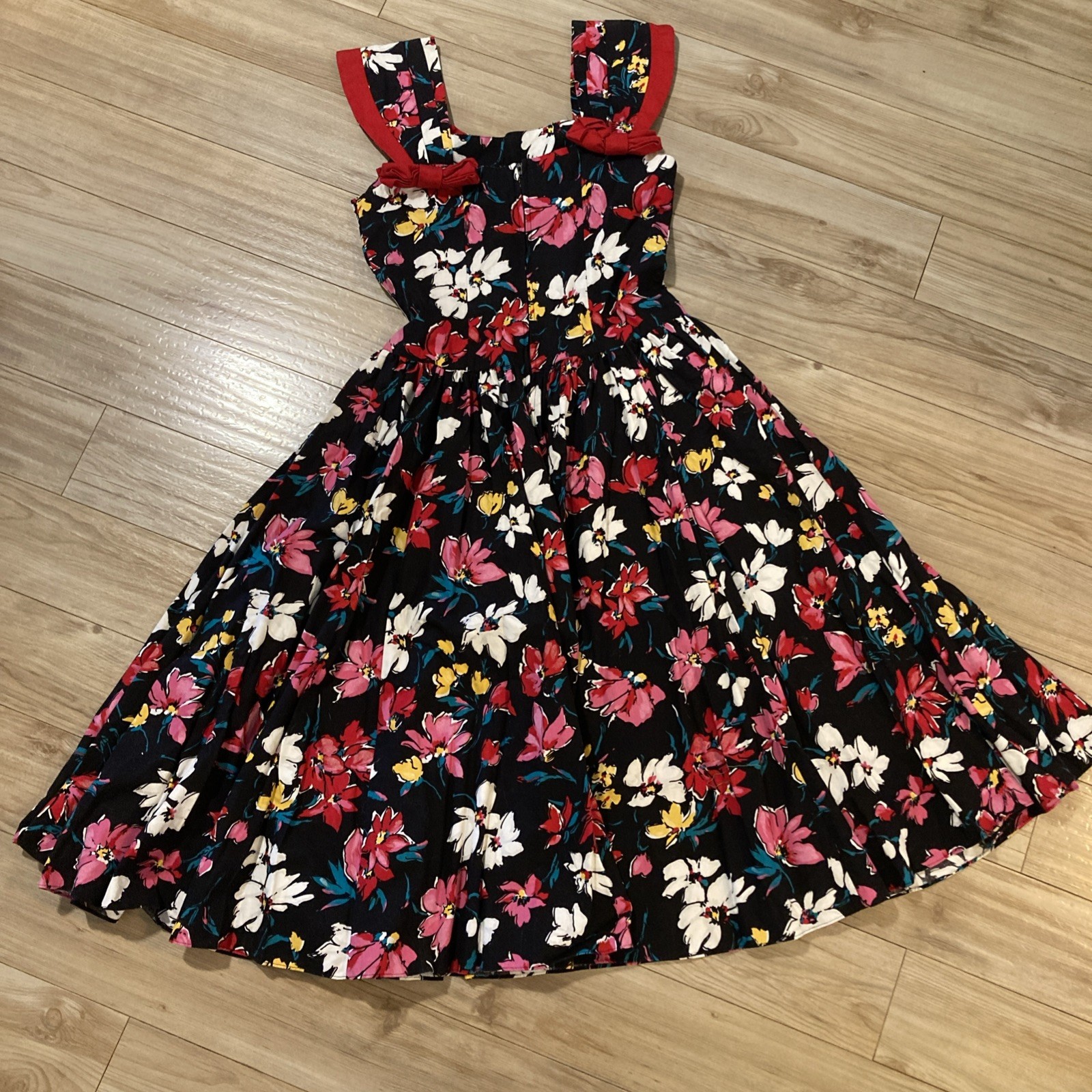 Vintage REO Originals Dress Size 12 / L Black Floral Ribbon Maxi 1970s USA Made