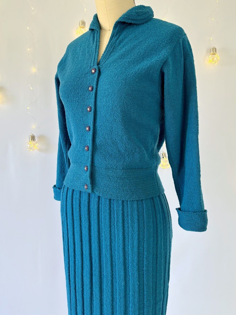 Vtg 40s 50s Knit Set Cardigan Sweater Skirt Teal Blue Chenille Wool Size S/M