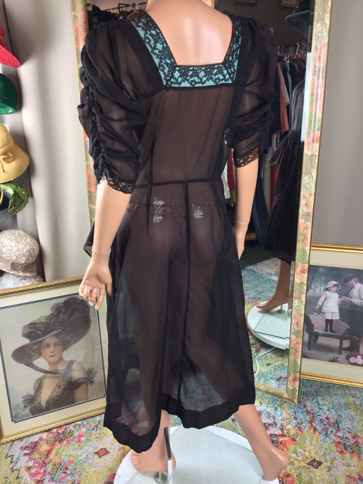 Vtg 20s Black Sheer Dress Sz 10 Layered Front Flapper Style Square Neck 36” Bust
