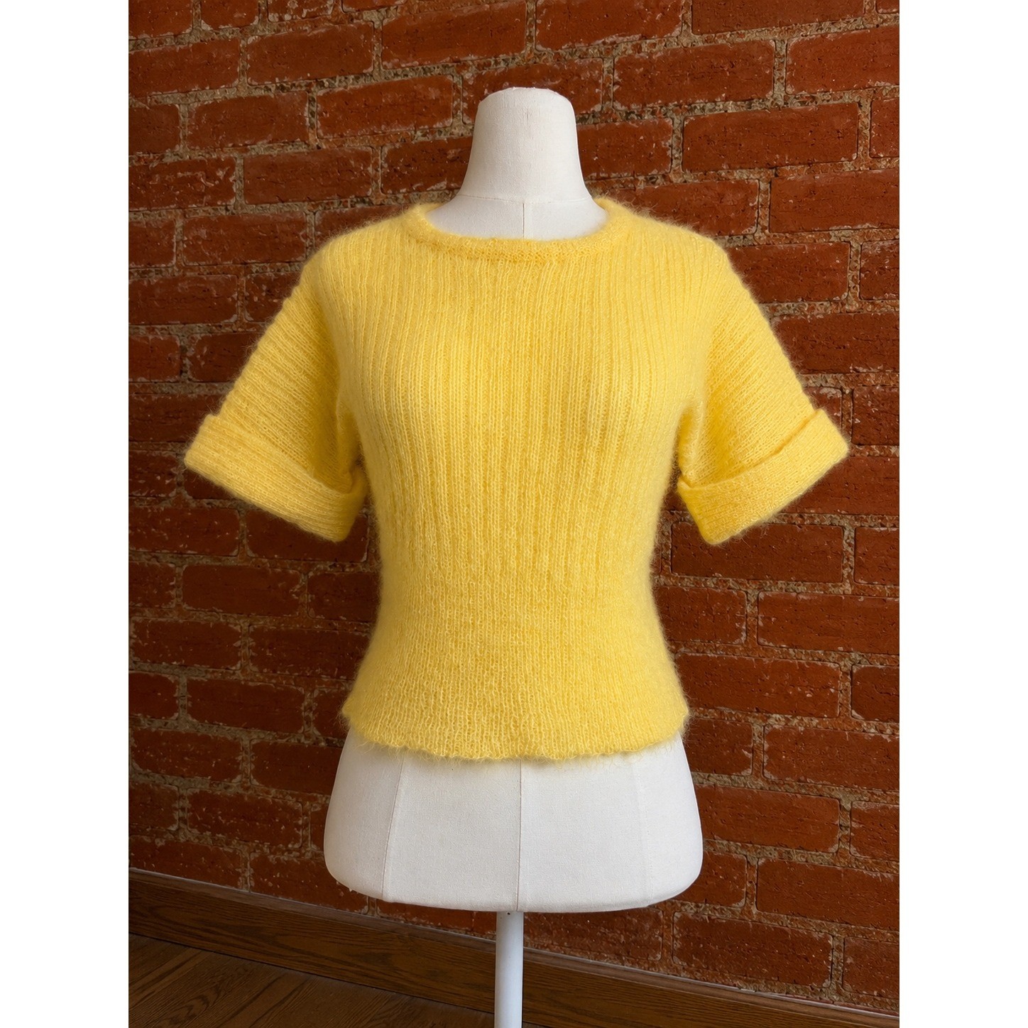Vintage Yellow Mohair Wool Blend Short Sleeve Sweater MCM Mod Pinup Retro Cozy