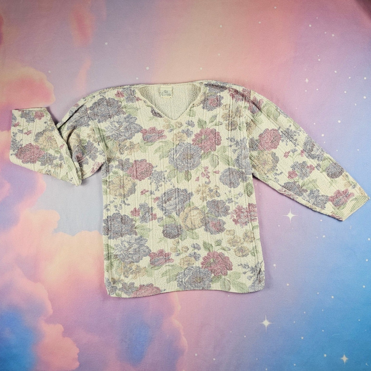 Cascade Blues Floral Sweater Womens S Multicolor Excellent Vintage V-Neck Knit