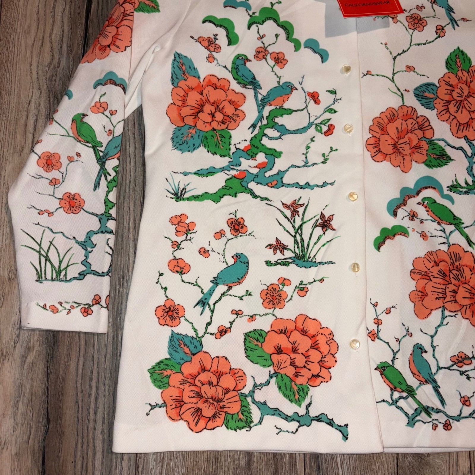 NWT Vintage Graff Californiawear Floral Bird Chinoiserie Button Up Top Large