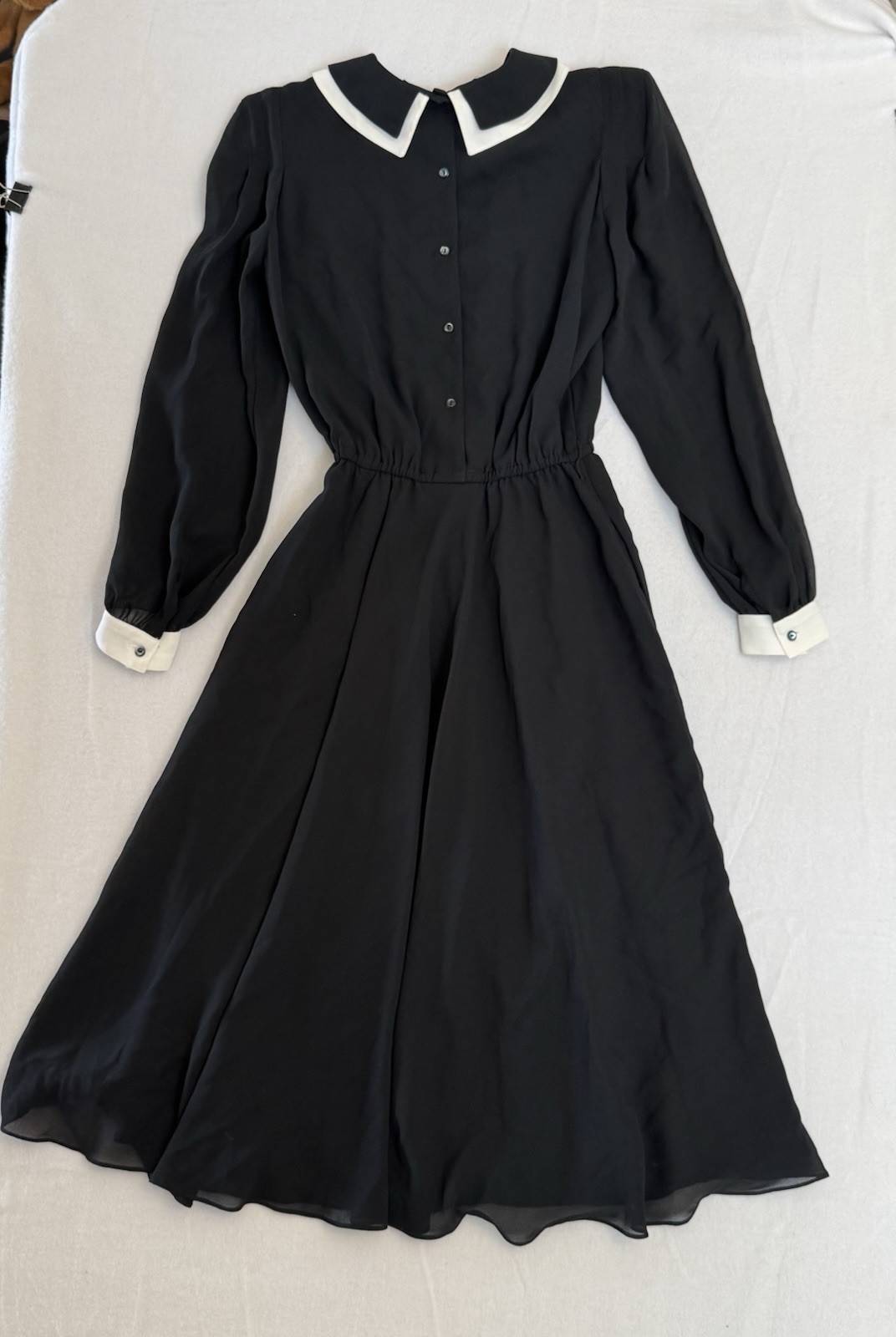 Vintage Pierre Cardin Boutique Black White Crepe Midi Dress Peter Pan Collar 8