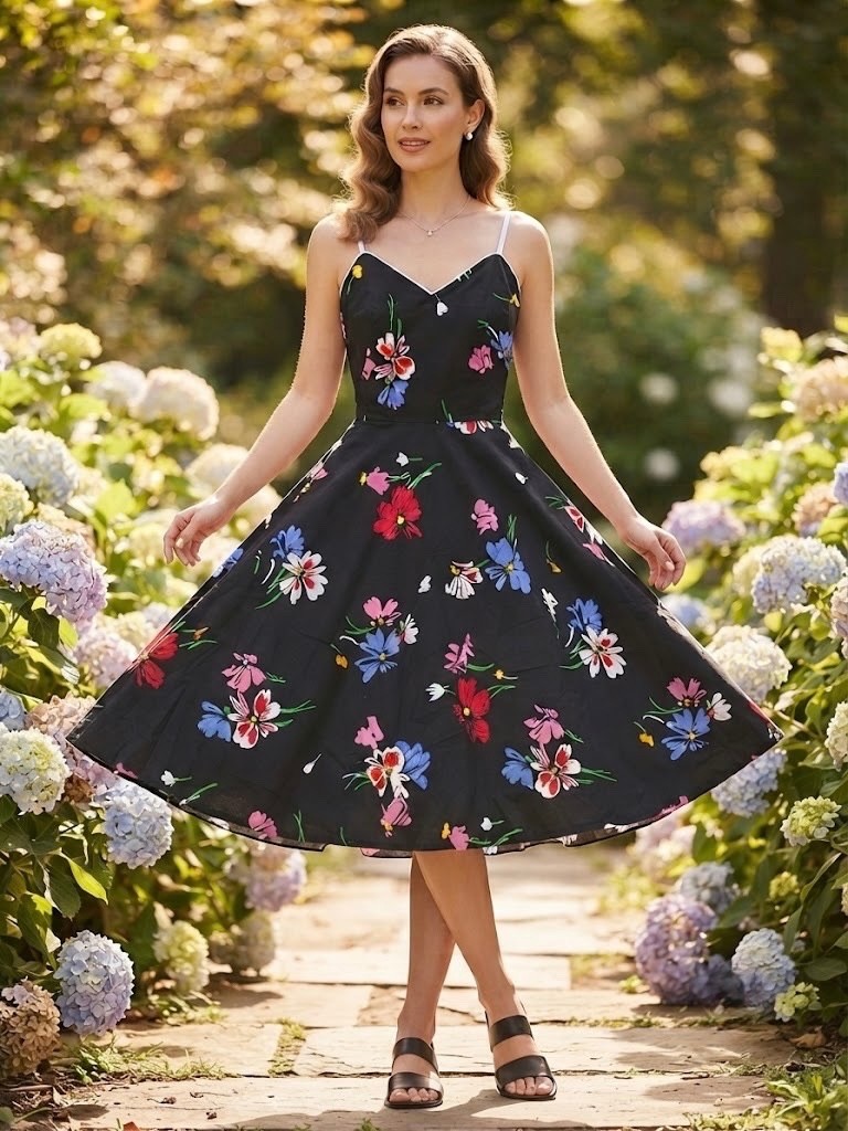 Vintage 60s Vincenti Black Floral Cotton Swing Dress Spaghetti Straps Size 4