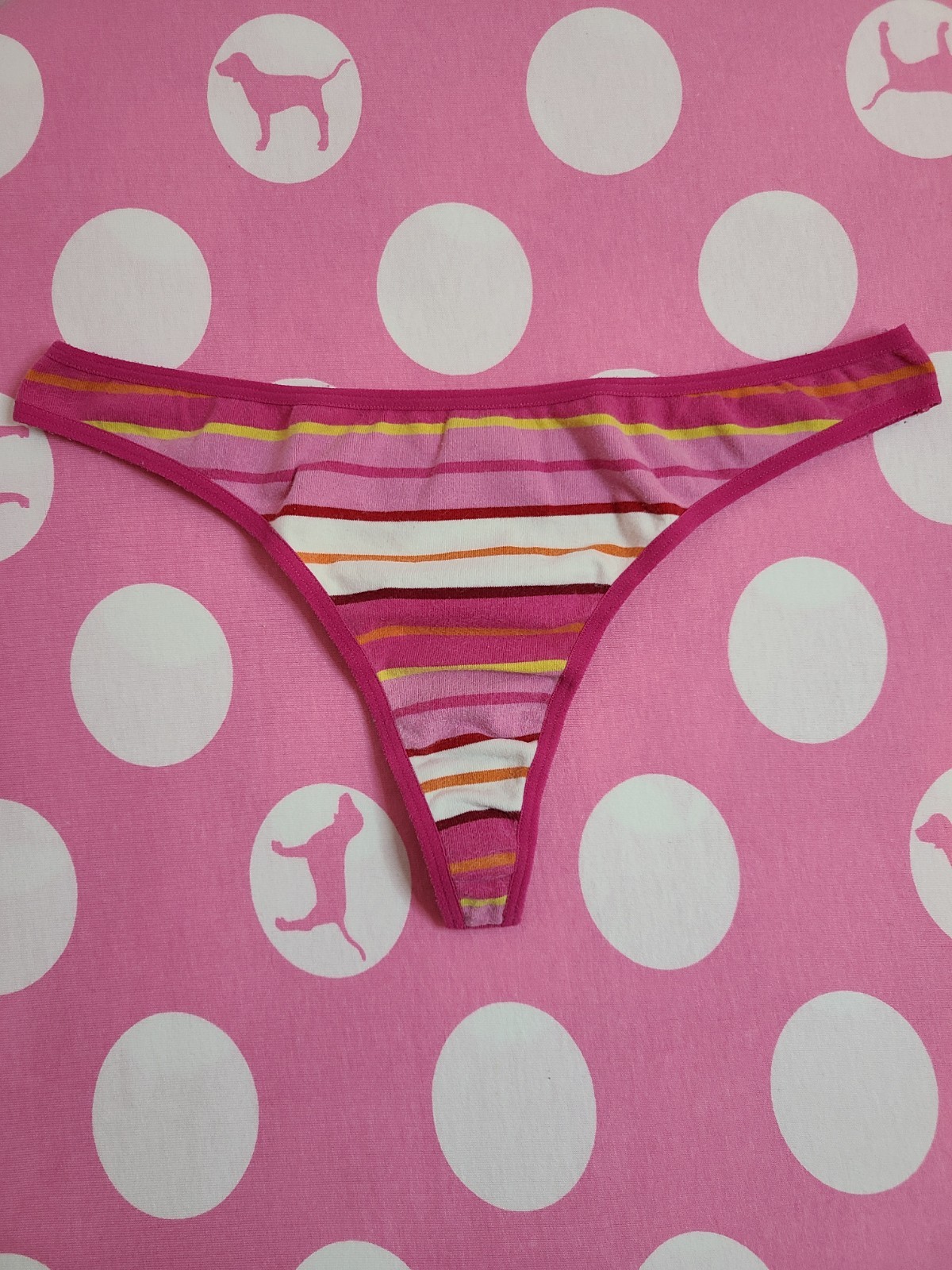 Rare VTG VS PINK Low Rise Graphic Cotton Thong Panty Size M Pink Stripe