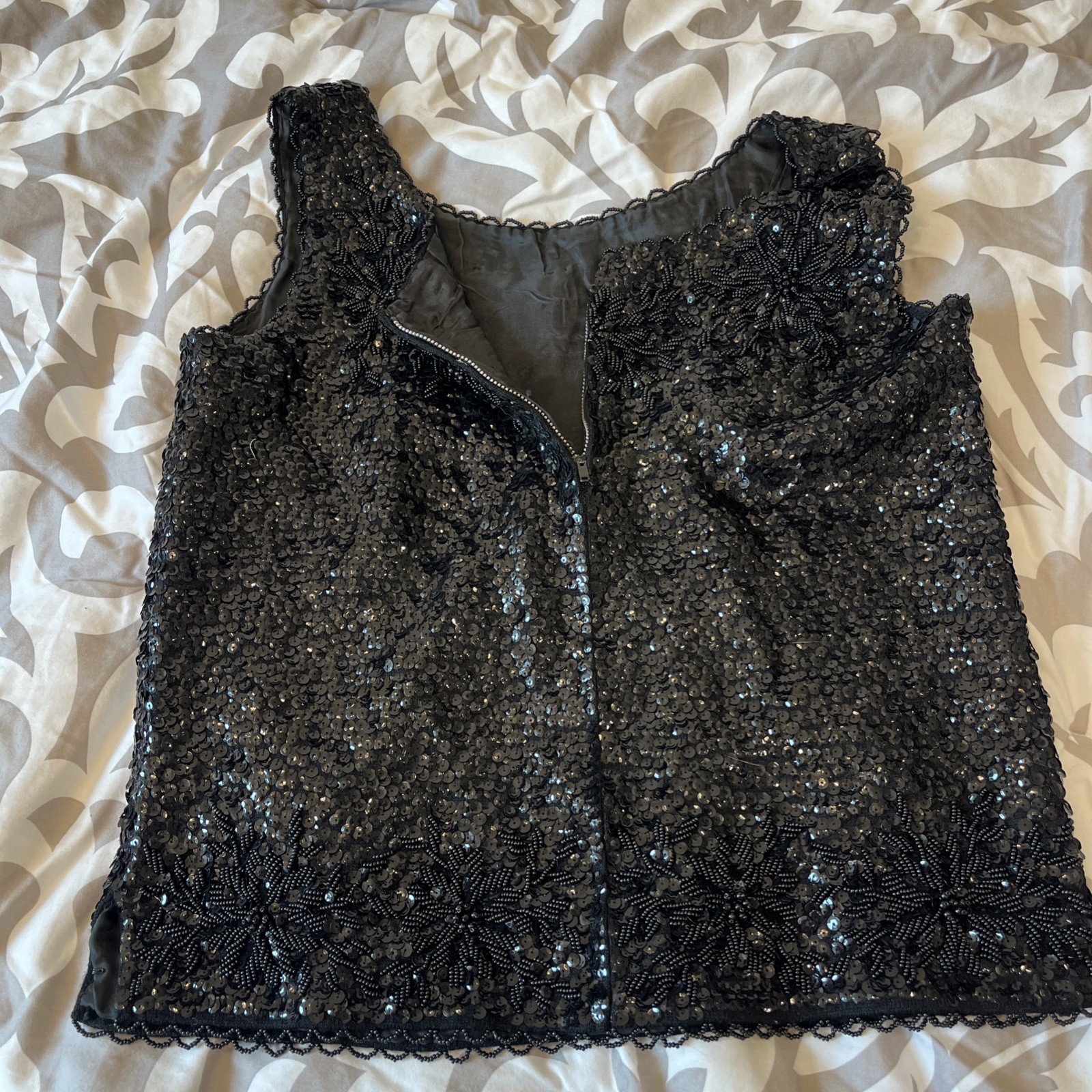 Vintage Stephen Chu Black Sequin Sleeveless Top Size medium With Beaded Flowers