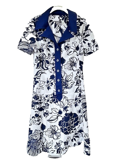 Edith Flagg California Vintage 60’s Drop Waist Floral White Blue S/S Buttons