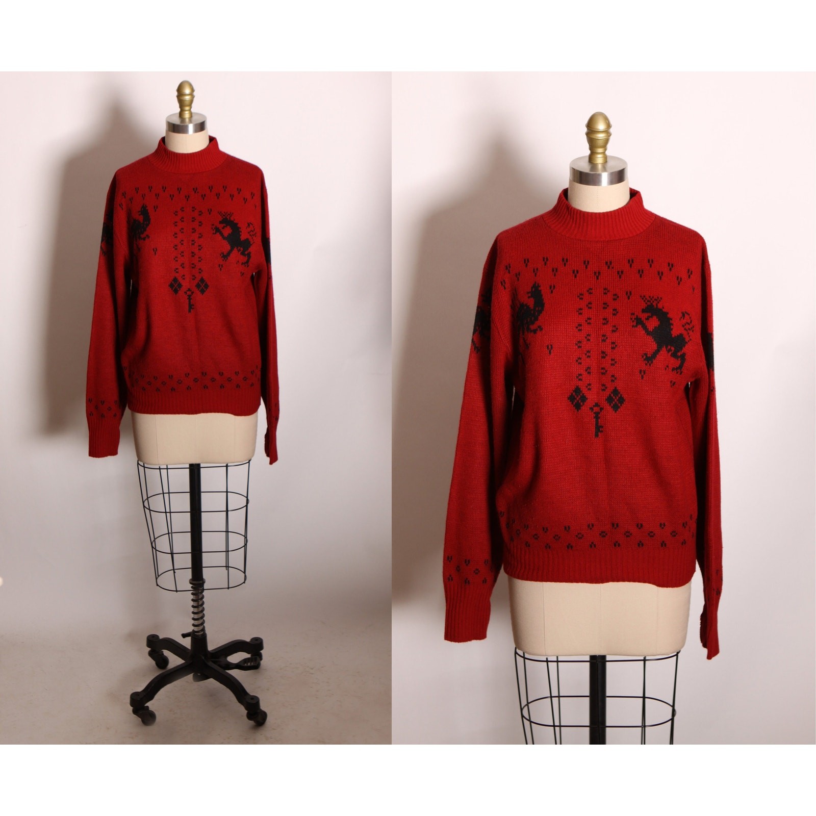 1960s Dark Red Black Novelty Mythical Phoenix Griffith Sweater by Puritan
