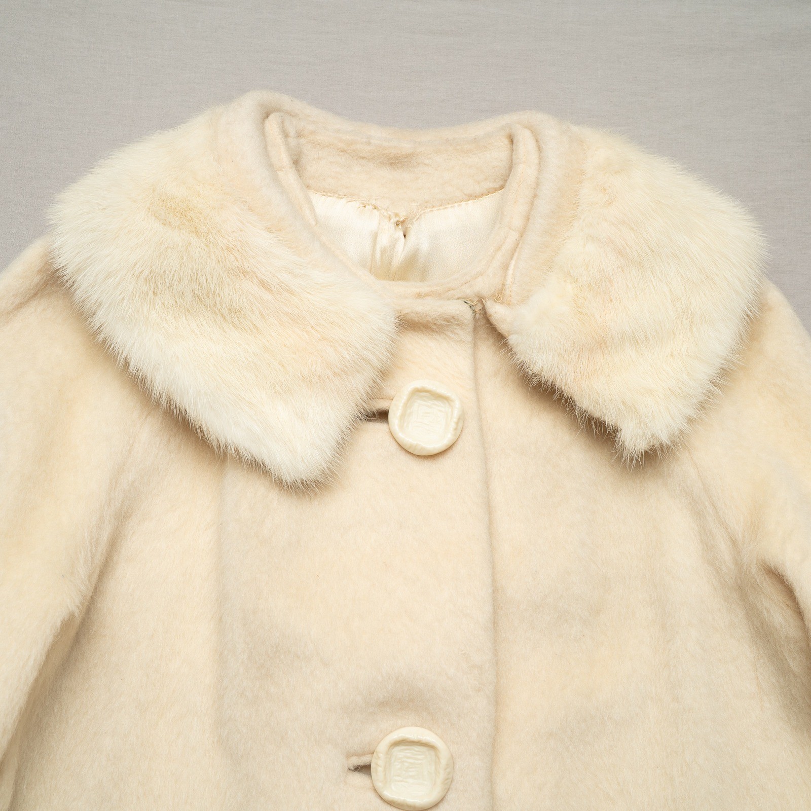 Vintage 50s Womens Pea Coat Rabbit Fur Collar Mohair Jacket Button Up Mod