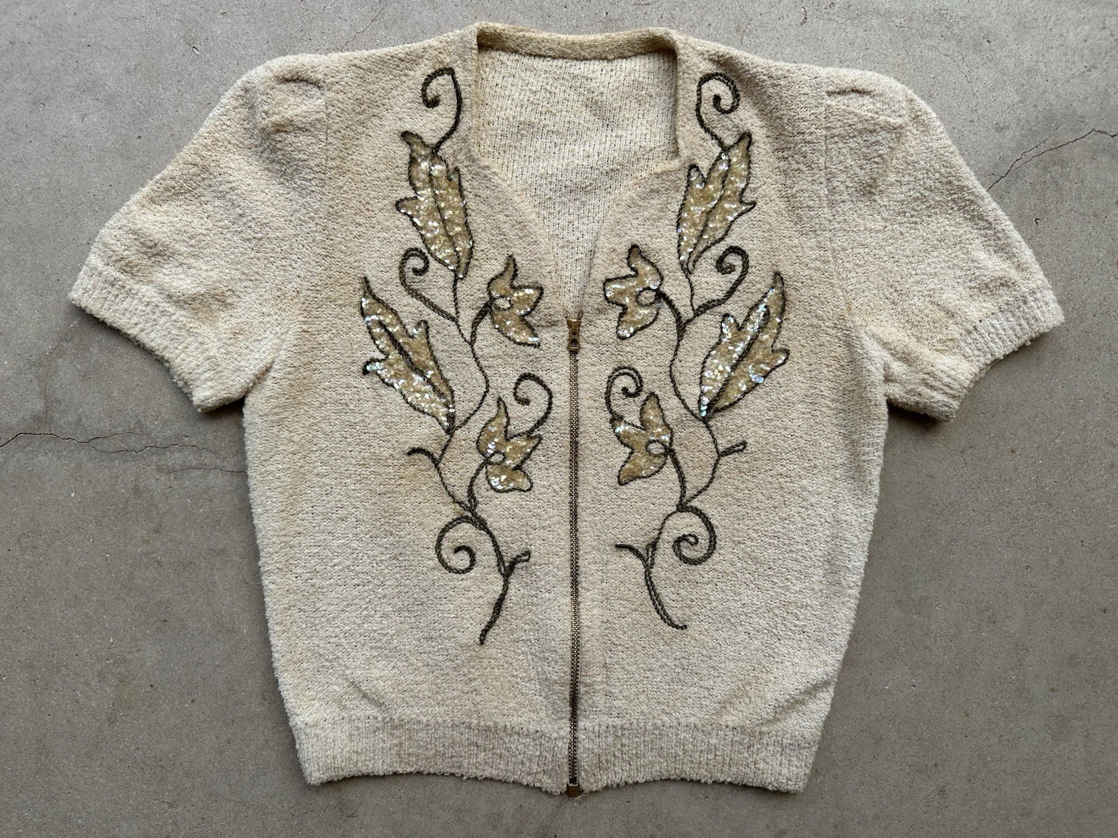 1930s Boucle Sequin Cardigan Sweater Talon Bell Zip Puff Sleeve Art Deco