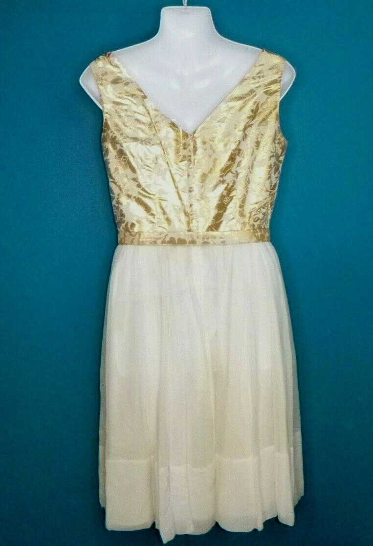 Vtg 60s Party Dress Gold Metallic Floral Bodice & Belt Cream Chiffon Skirt Sz 13