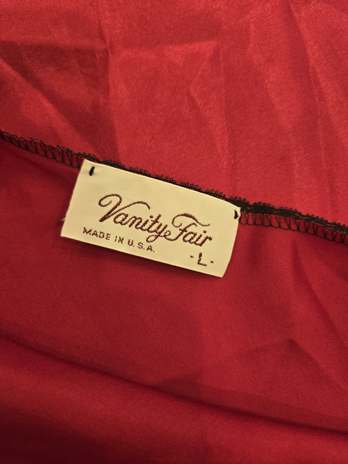 Sz Lg VTG VANITY FAIR Red w Blk Lace Polyester Full-length Backless Lingerie EUC