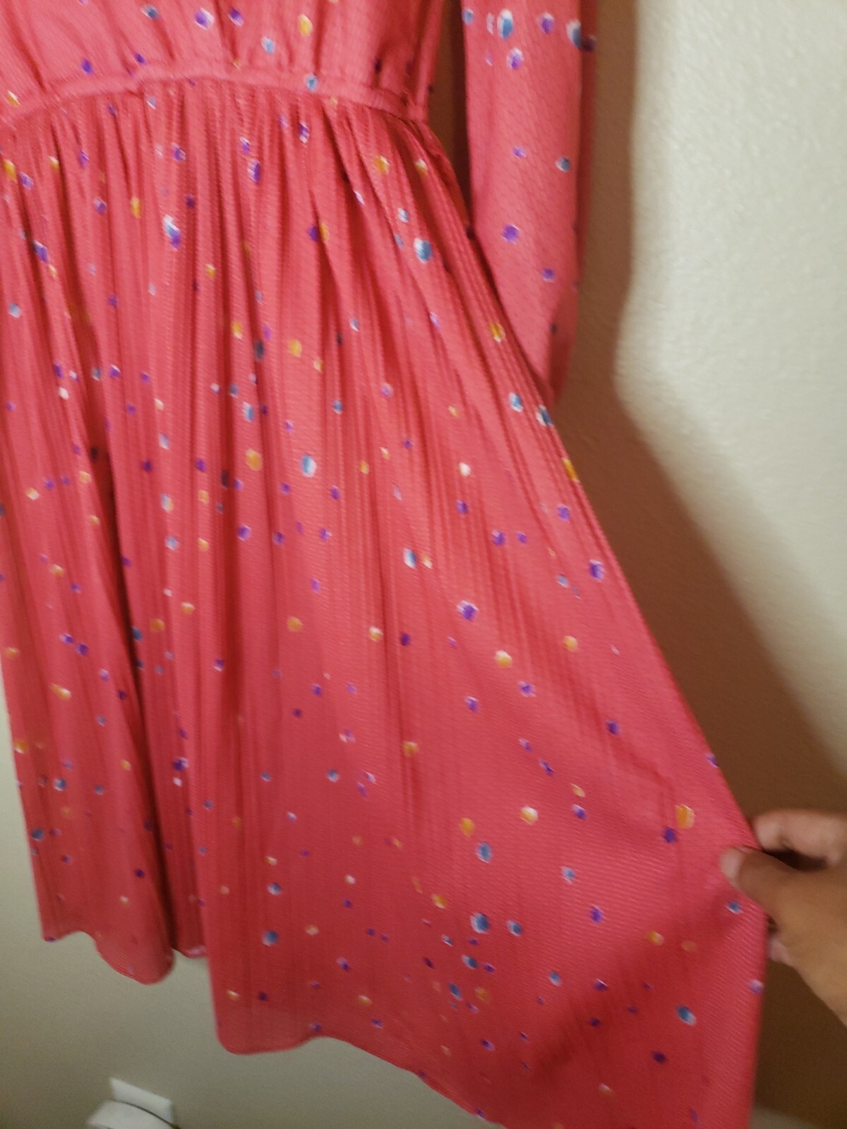 Vintage Mavinette Women’s Coral Dotted Long Sleeve Pleated Faux Wrap Dress