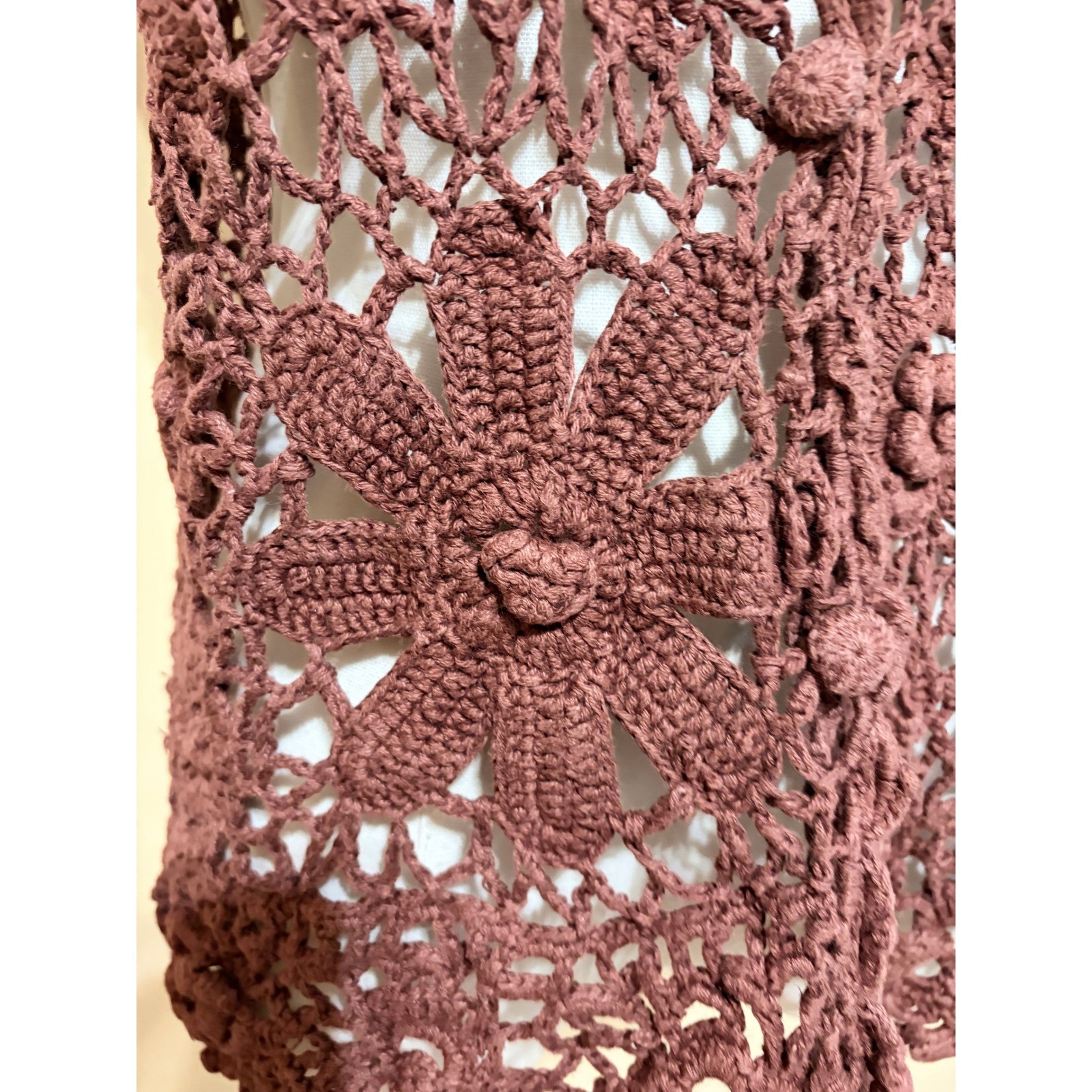 One Step Up Brown Vintage Hand Crocheted Floral Vest Women One Size Excellent