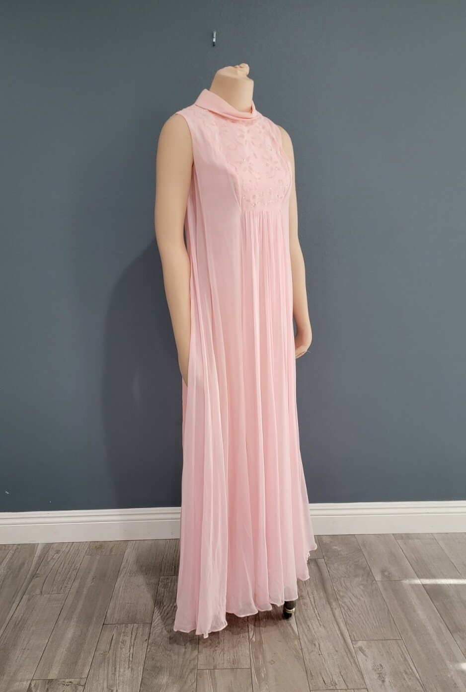 Vintage 50s 60s pink flowy chiffon maxi dress nynco zipper XS/S