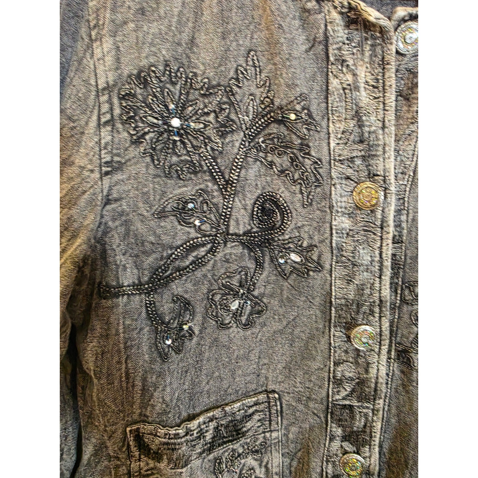 Flashback Vintage Acid Wash Denim Jacket Embroidered Beaded Floral Black Womens