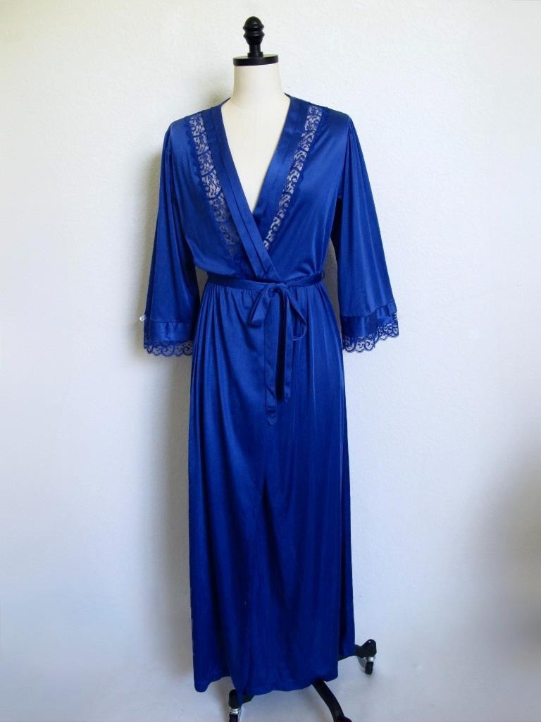Vintage Gilead Long Silky Nylon Robe w Lace Insertion S Tie Belt Royal Blue