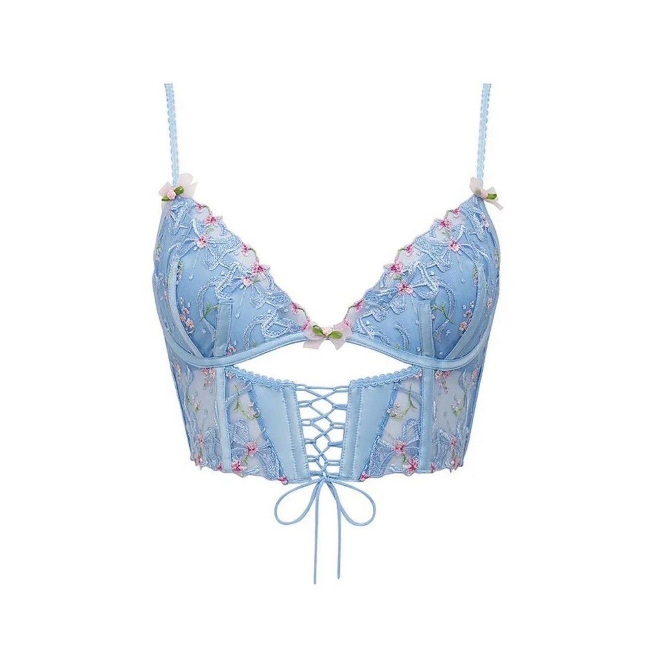 For Love & Lemons Belle Bow Bustier Blue Floral Lace-Up NWT