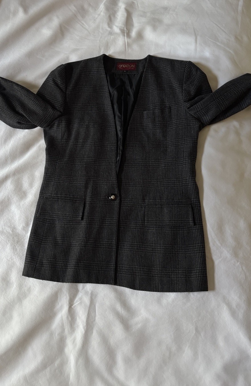 Sasson Paris NY Blazer Jacket Gray Plaid One Button Lined Womens Size 10