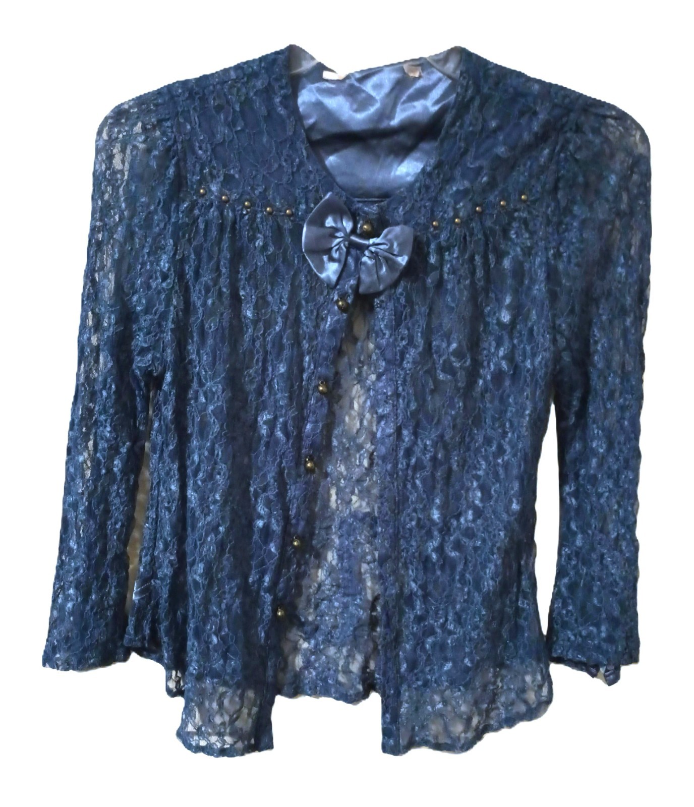 Vtg 80s Sheer Stretch Chantilly Lace Cornflower Blue Beaded Open Front Top M